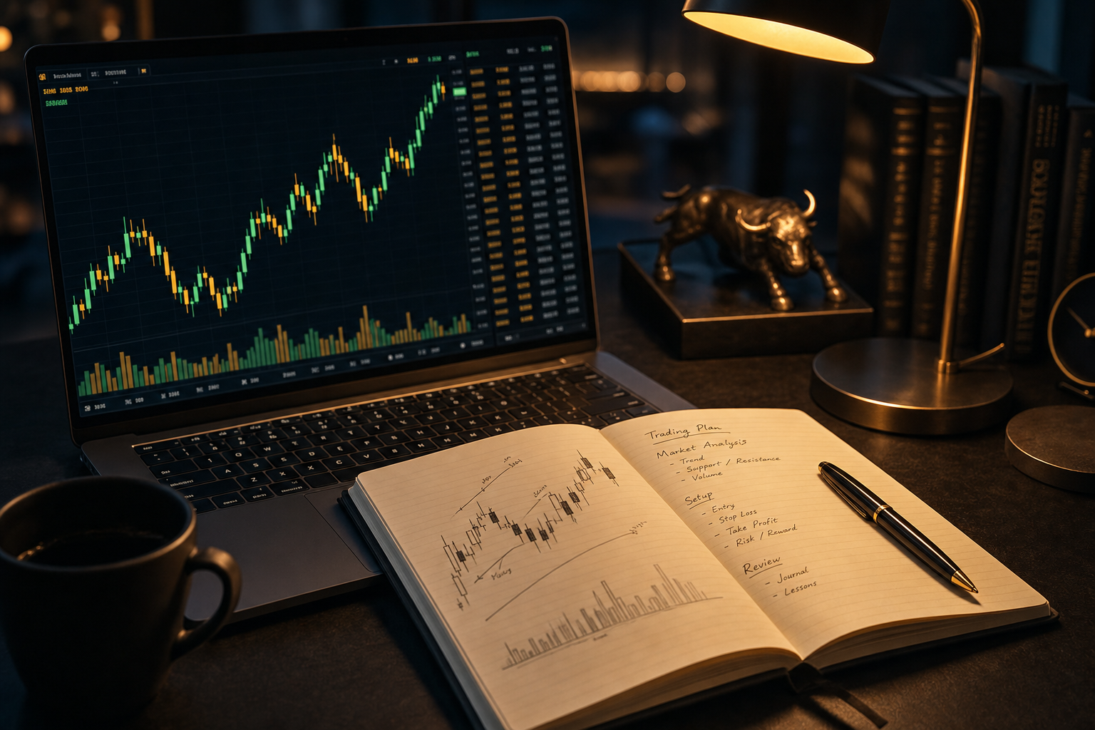 Laptop glowing with a candlestick chart beside a handwritten trading plan on a night desk