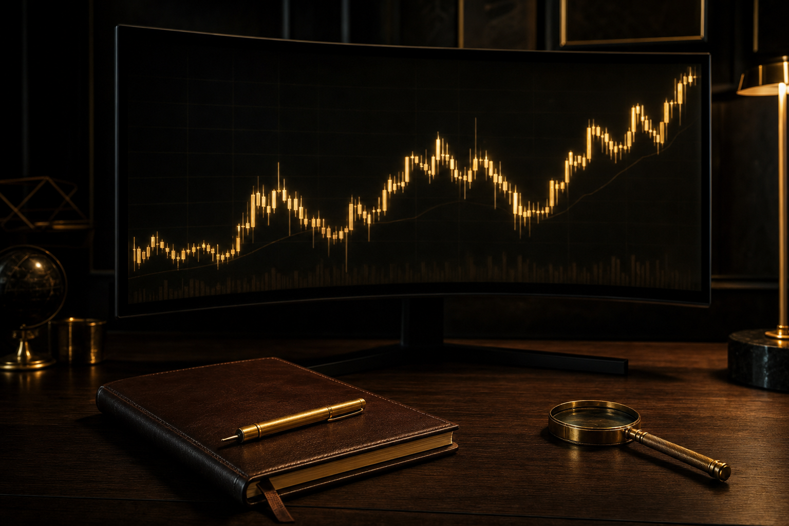 Gold candlestick chart on a monitor with a leather notebook — financial literacy