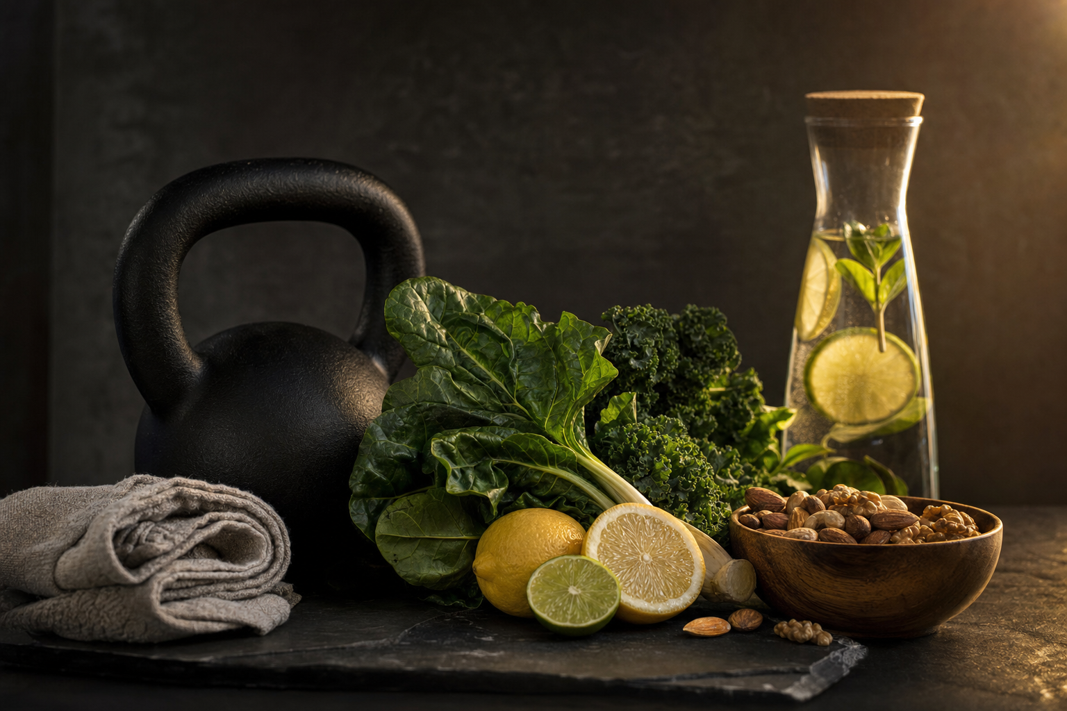 Kettlebell, leafy greens, water carafe and nuts on slate — fitness and nutrition