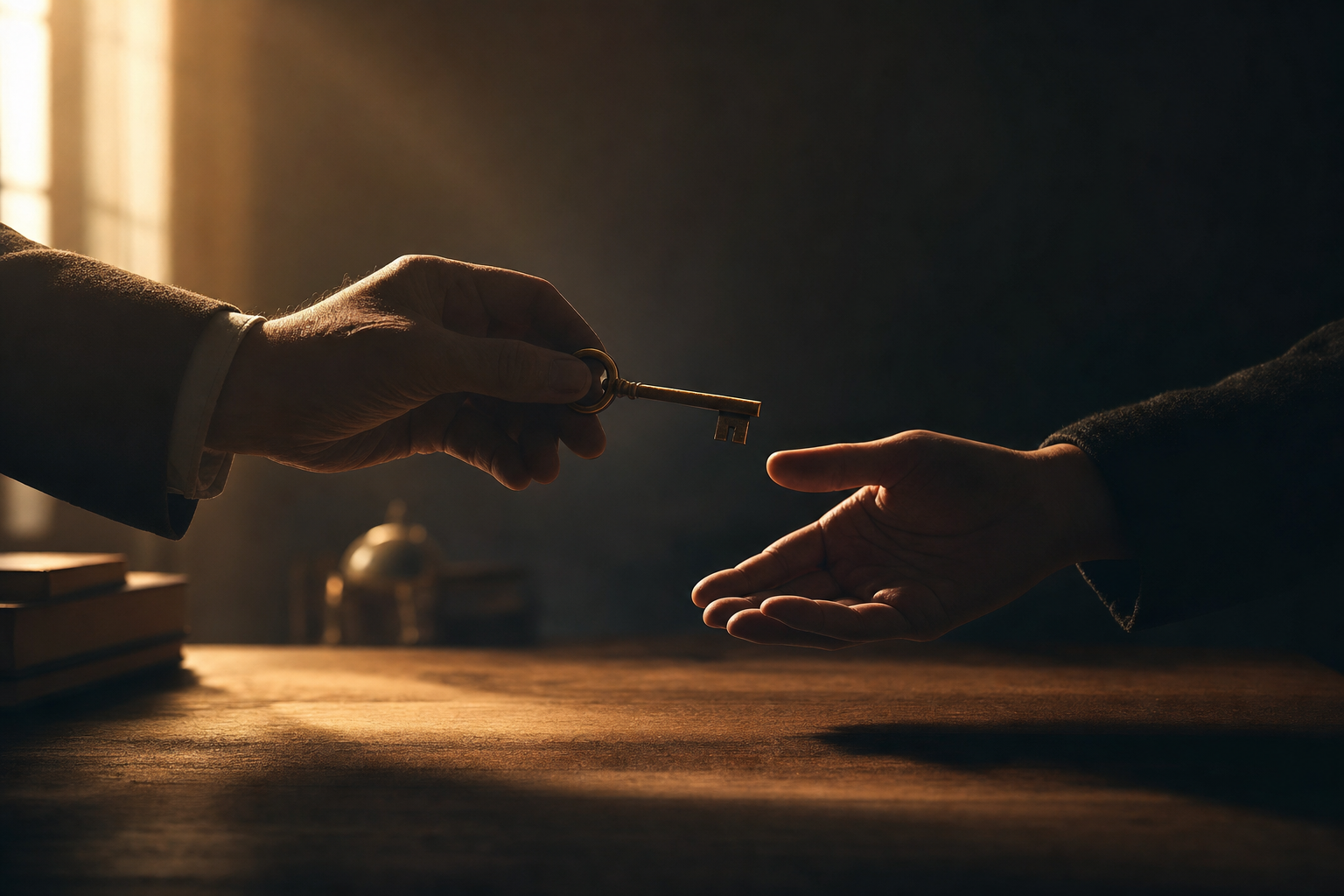 Hands passing a brass key in warm light — symbolizing mentorship