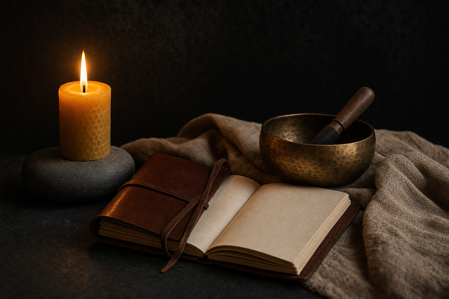Candle, journal and singing bowl in soft golden light — mind and spirit