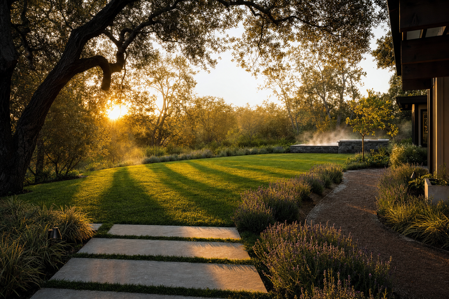 Premium landscaped backyard in Northern California at golden hour
