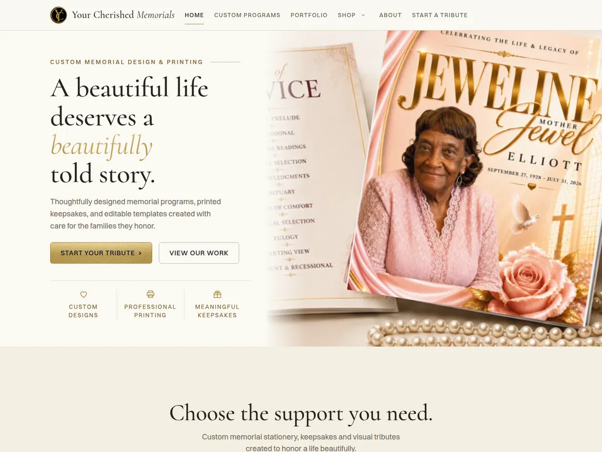 Your Cherished Memorials homepage — A beautiful life deserves a beautifully told story