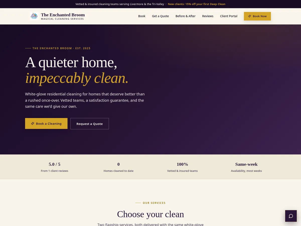 The Enchanted Broom homepage — A quieter home, impeccably clean